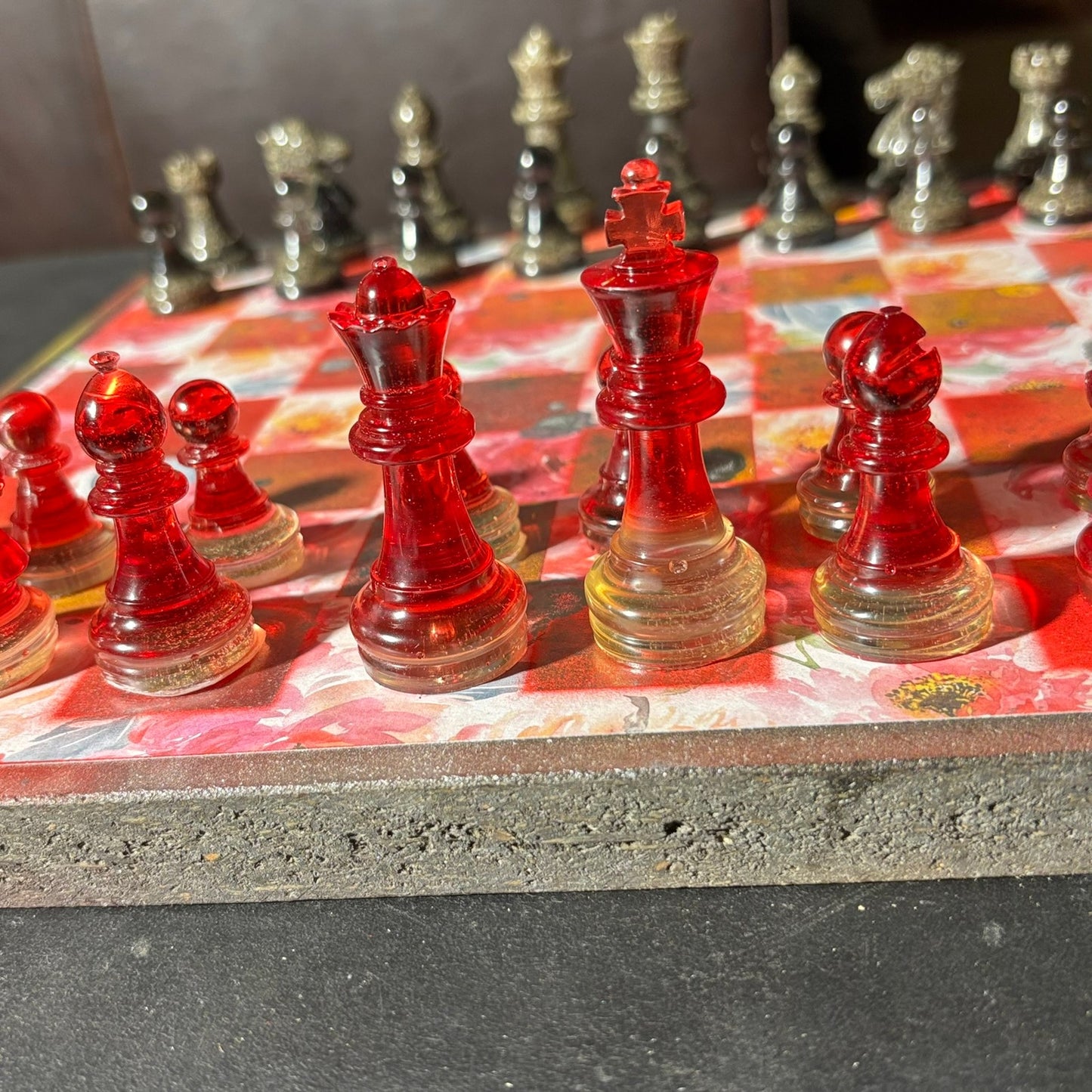 Opal Fire Red Flower - Scrapbook Chess Set