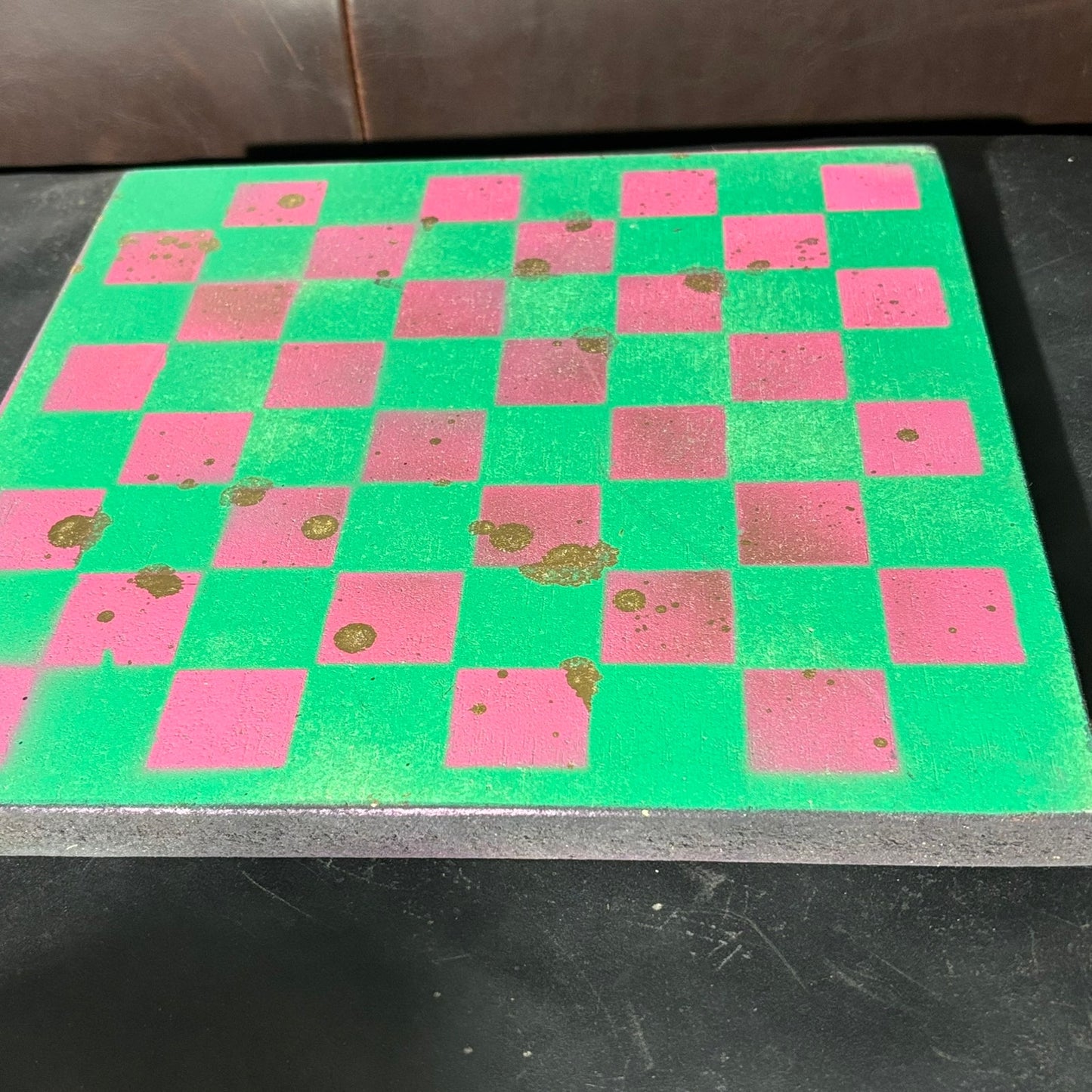 Pink Green Gold Splatter - Painted Chess Board