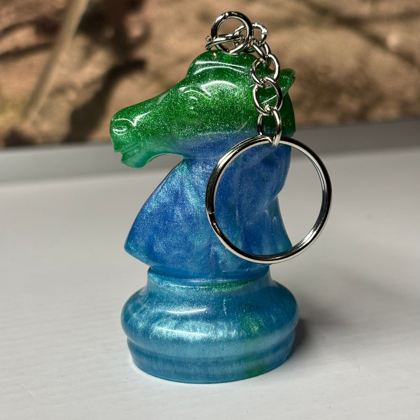Green/Blue Enmeshed Knight - Handmade Resin Keychain - Large Edition