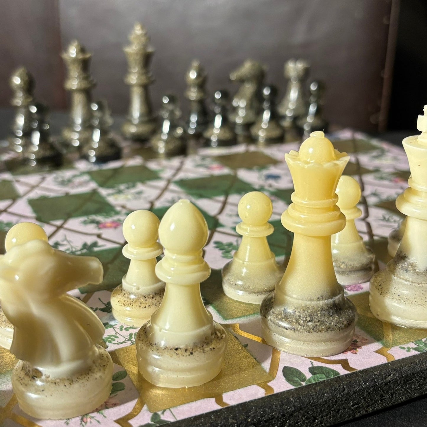 Golden Green Flowers - Scrapbook Chess Set