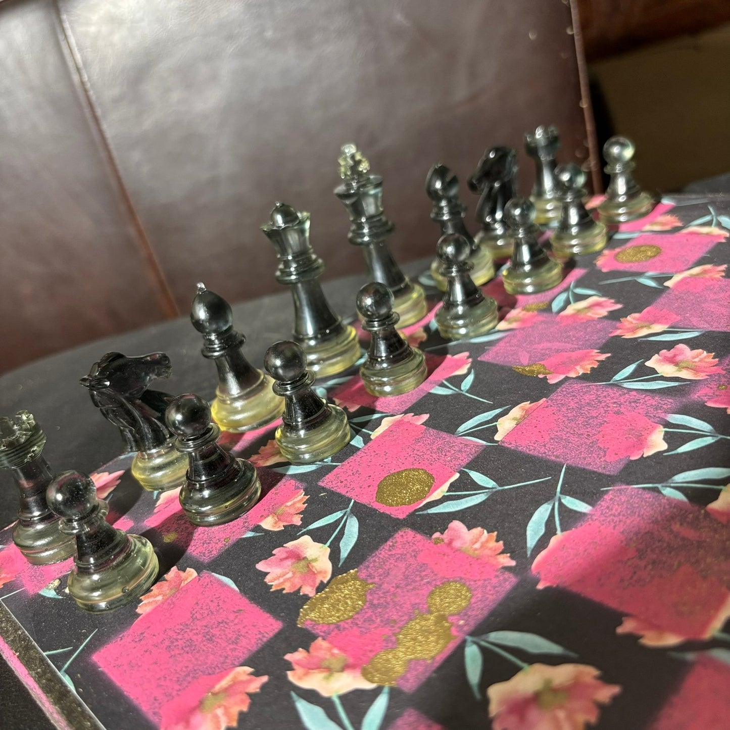 Beautiful Black Pink Flowers - Scrapbook Chess Set