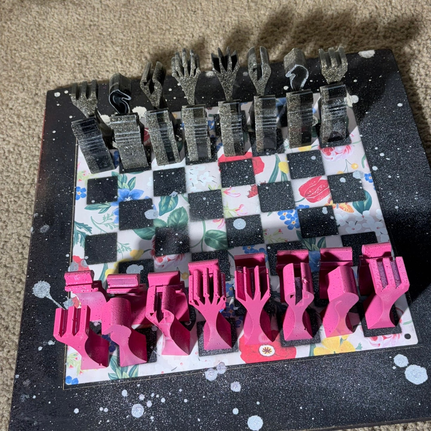Pink Flowered Pattern - Large Deluxe Chess Set
