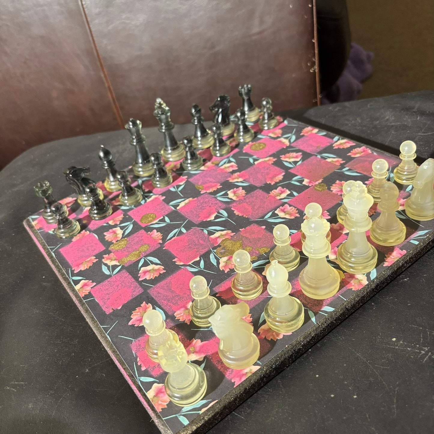 Beautiful Black Pink Flowers - Scrapbook Chess Set