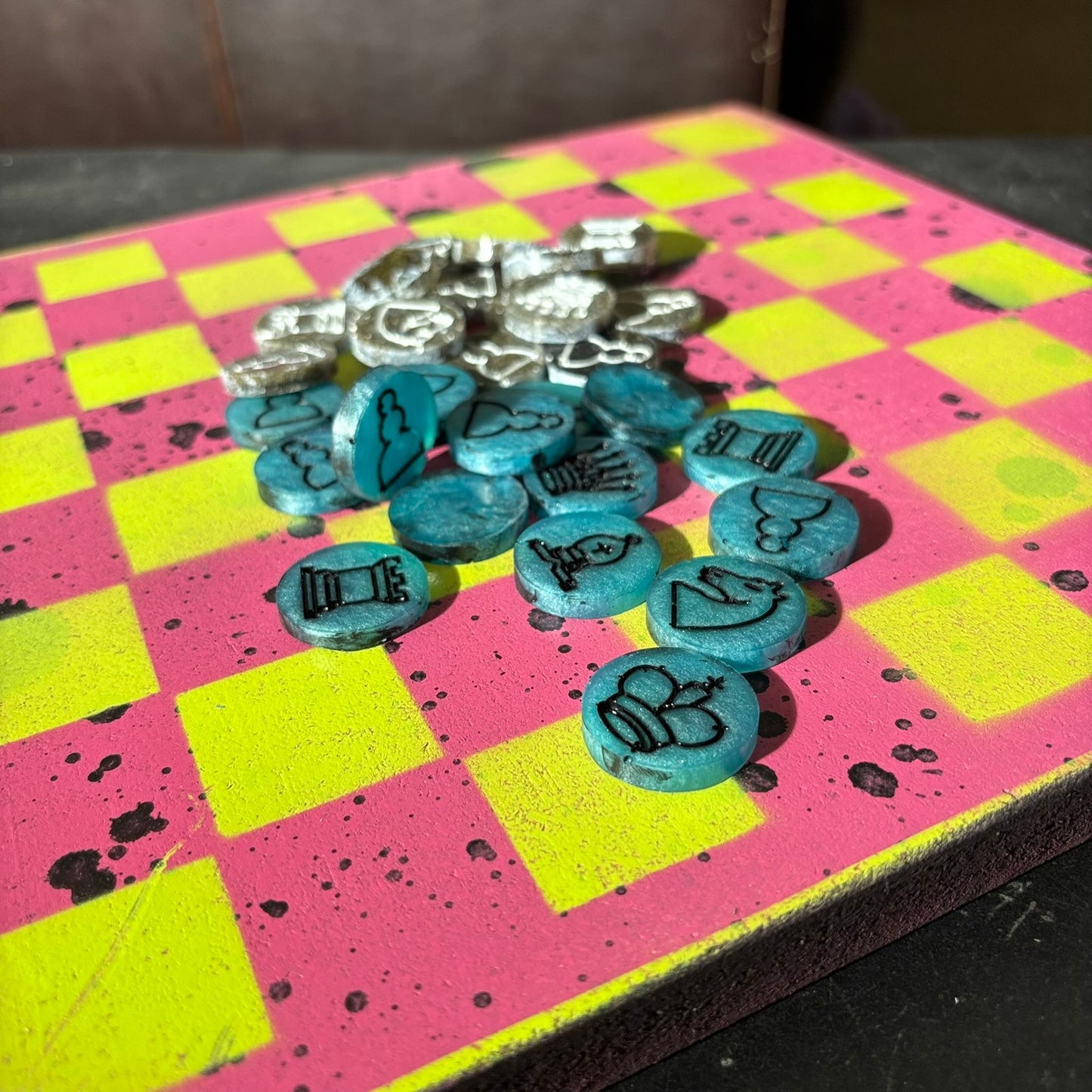 Pink/Green Splatter Spots - Painted Chess Set