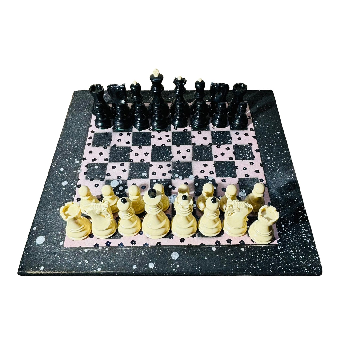Light Pink Black Mini Flowers - Large Deluxe Chess Set