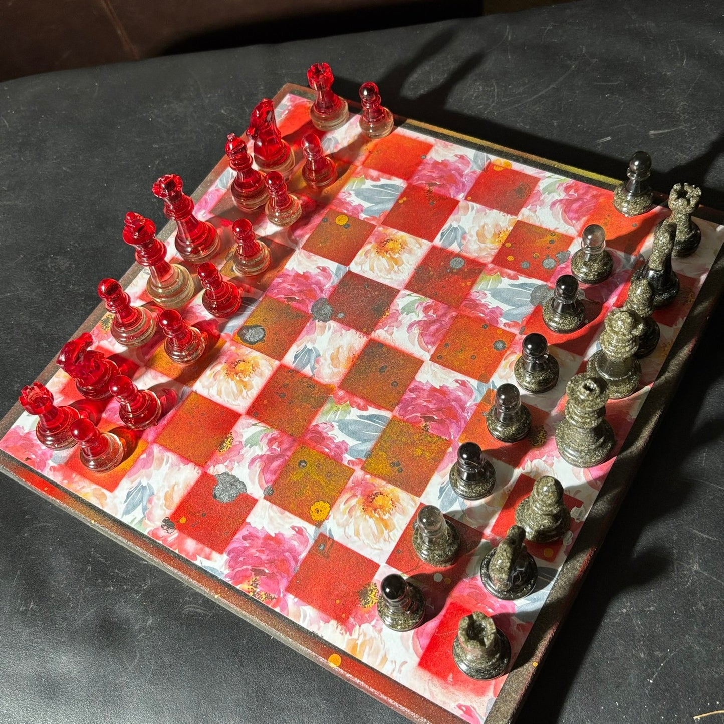 Opal Fire Red Flower - Scrapbook Chess Set