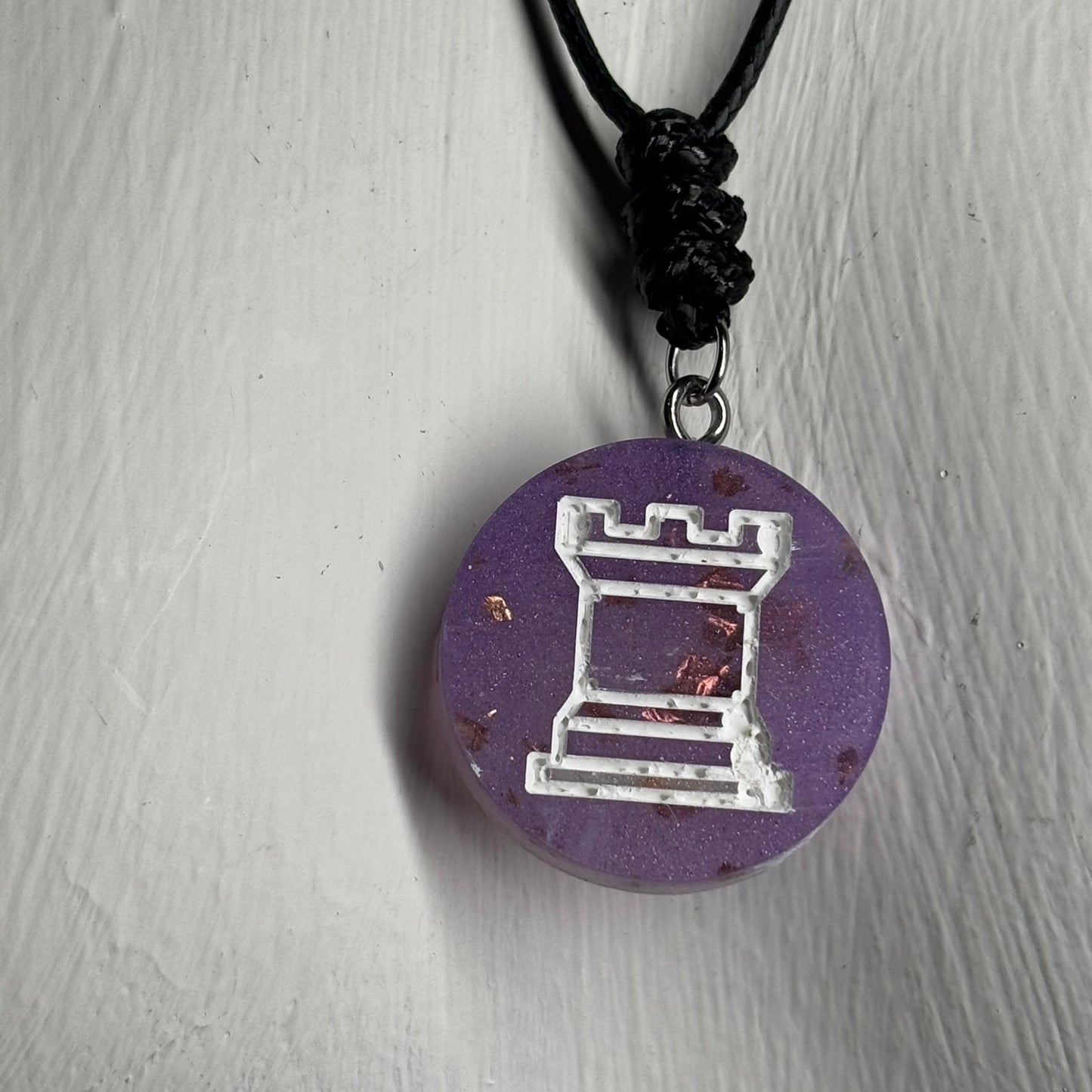 Purple Crystal Rook - Handmade Resin Chess Necklace - Flat Edition