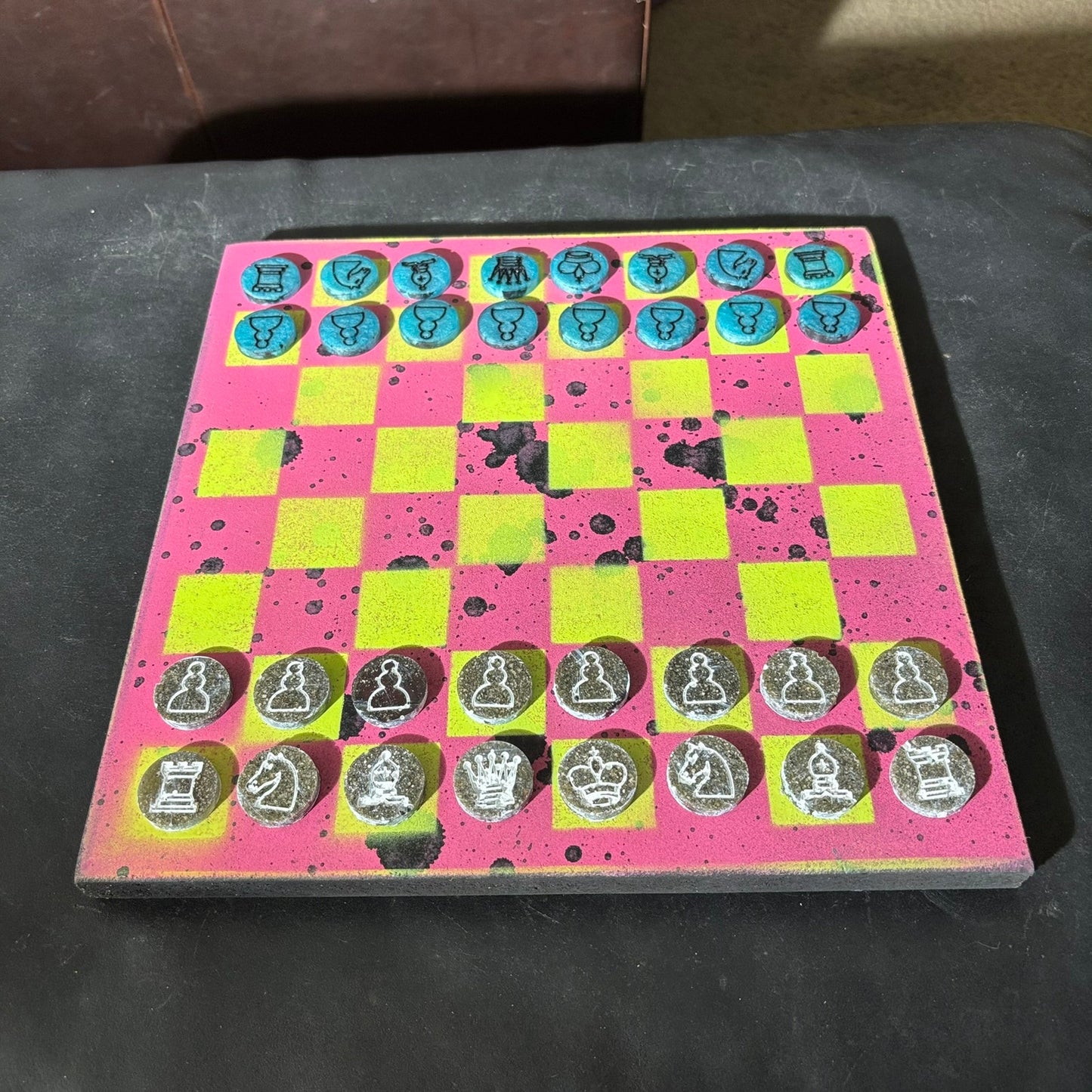 Pink/Green Splatter Spots - Painted Chess Set