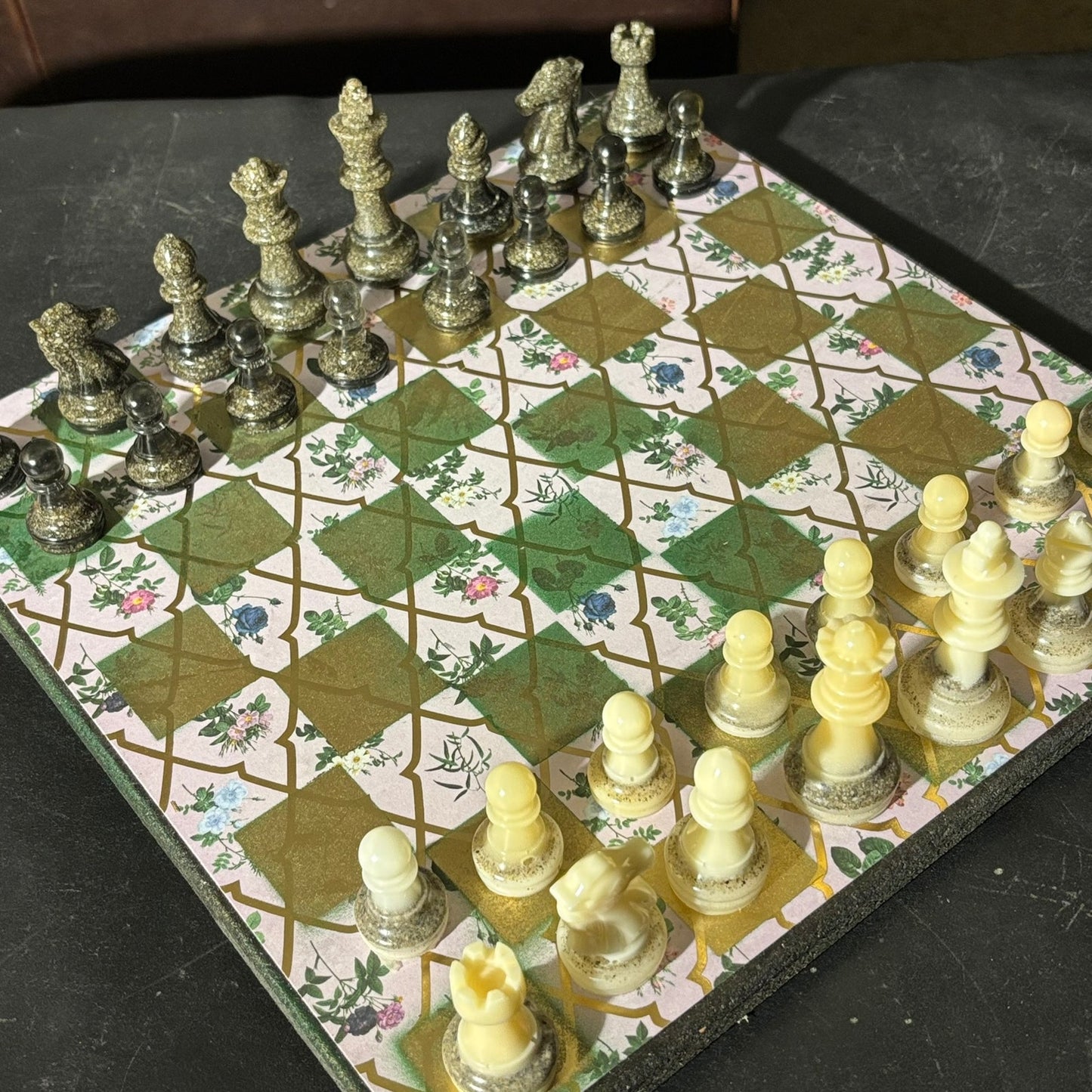 Golden Green Flowers - Scrapbook Chess Set