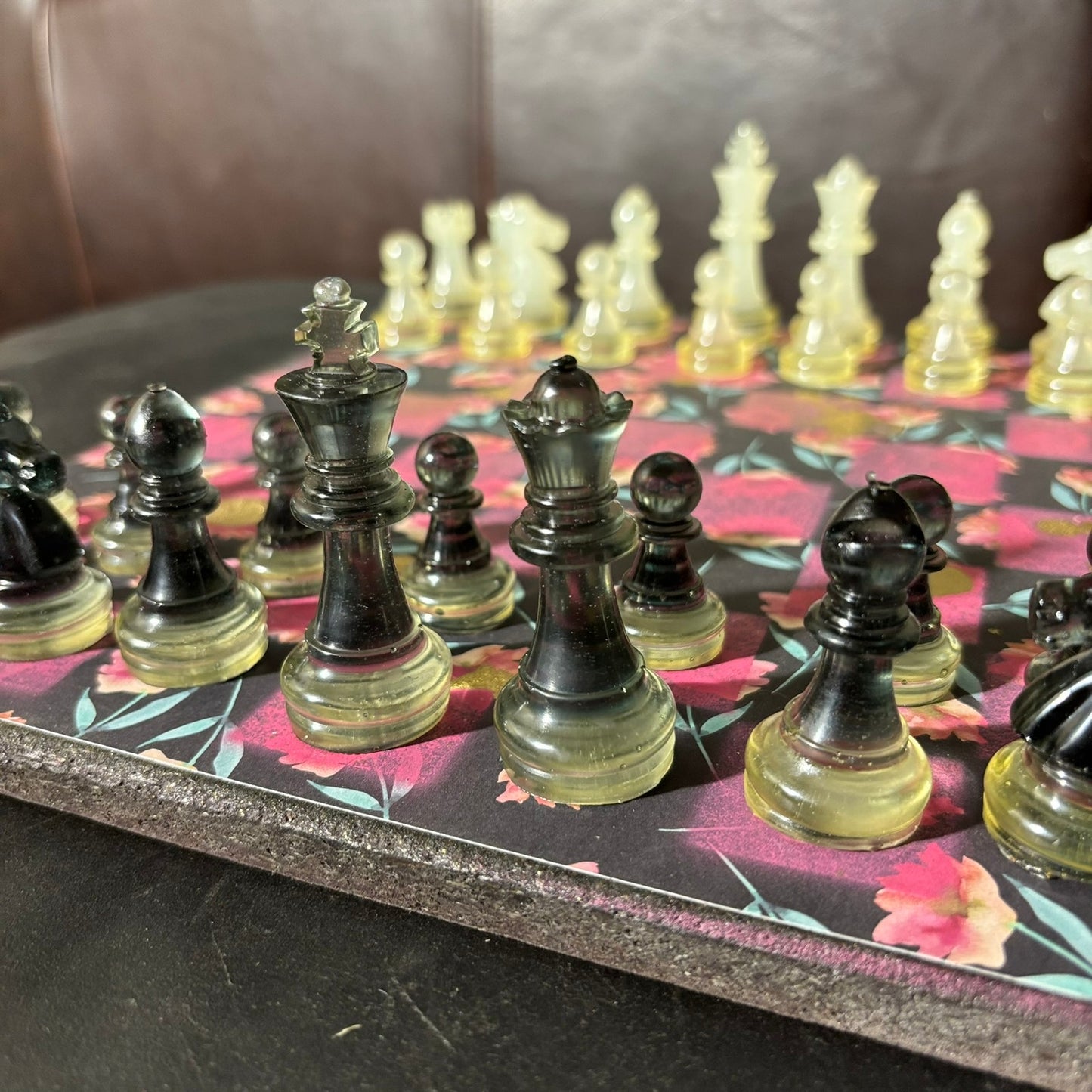 Beautiful Black Pink Flowers - Scrapbook Chess Set