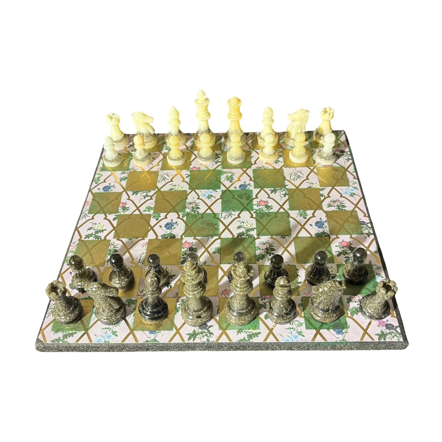 Golden Green Flowers - Scrapbook Chess Set