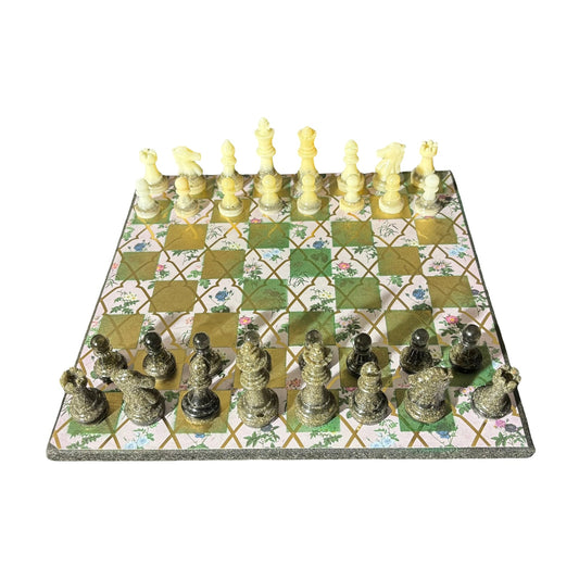 Golden Green Flowers - Scrapbook Chess Set