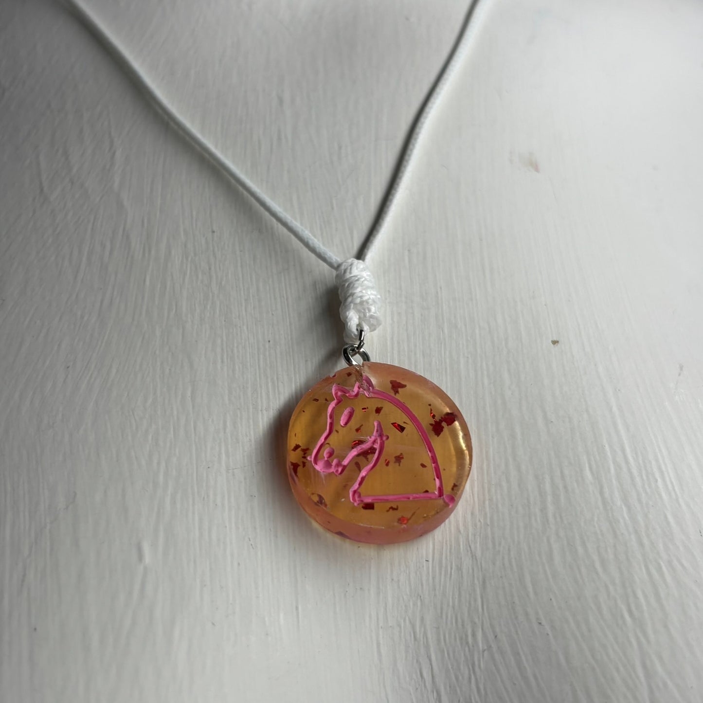 Amber Pink Knight - Handmade Resin Chess Necklace