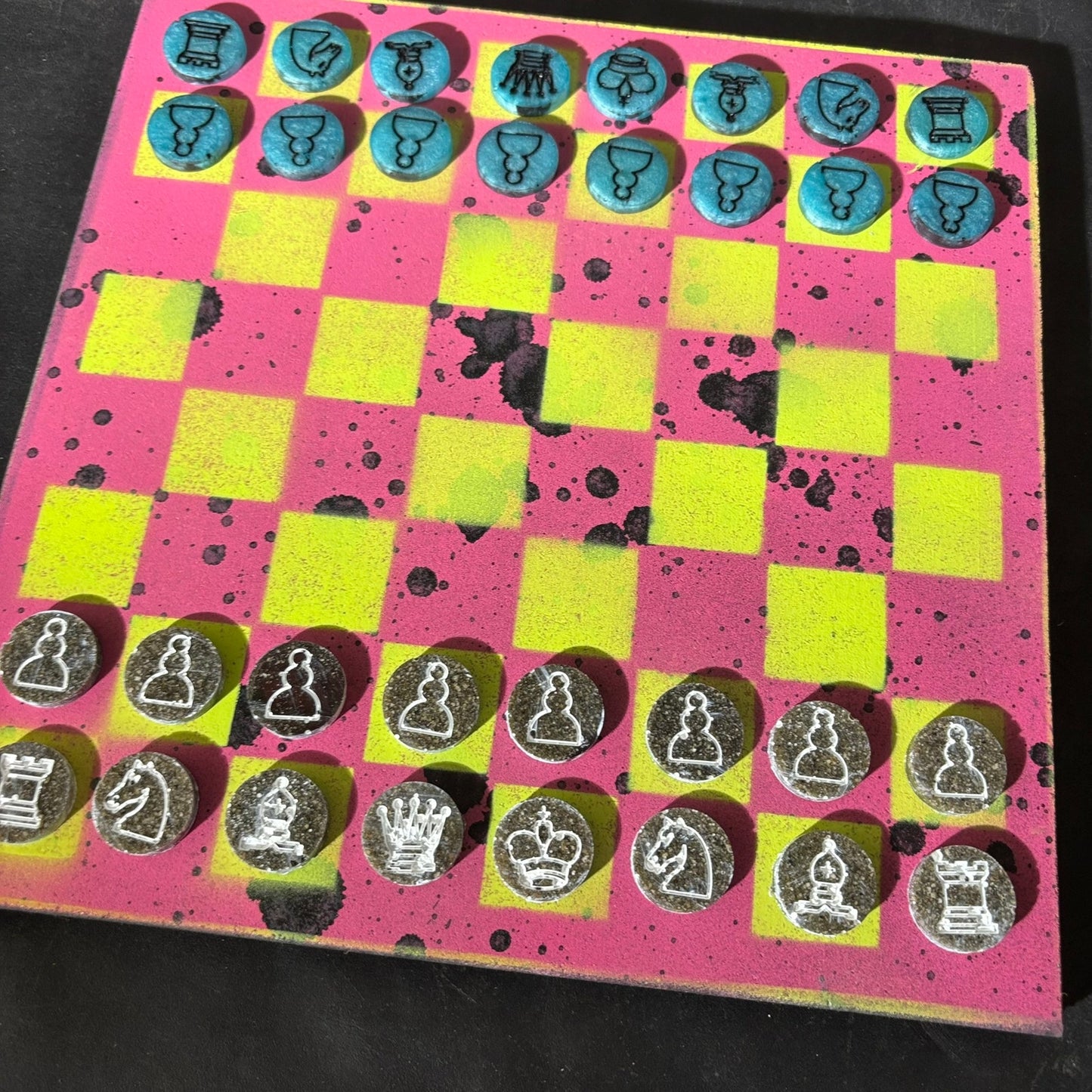 Pink/Green Splatter Spots - Painted Chess Set