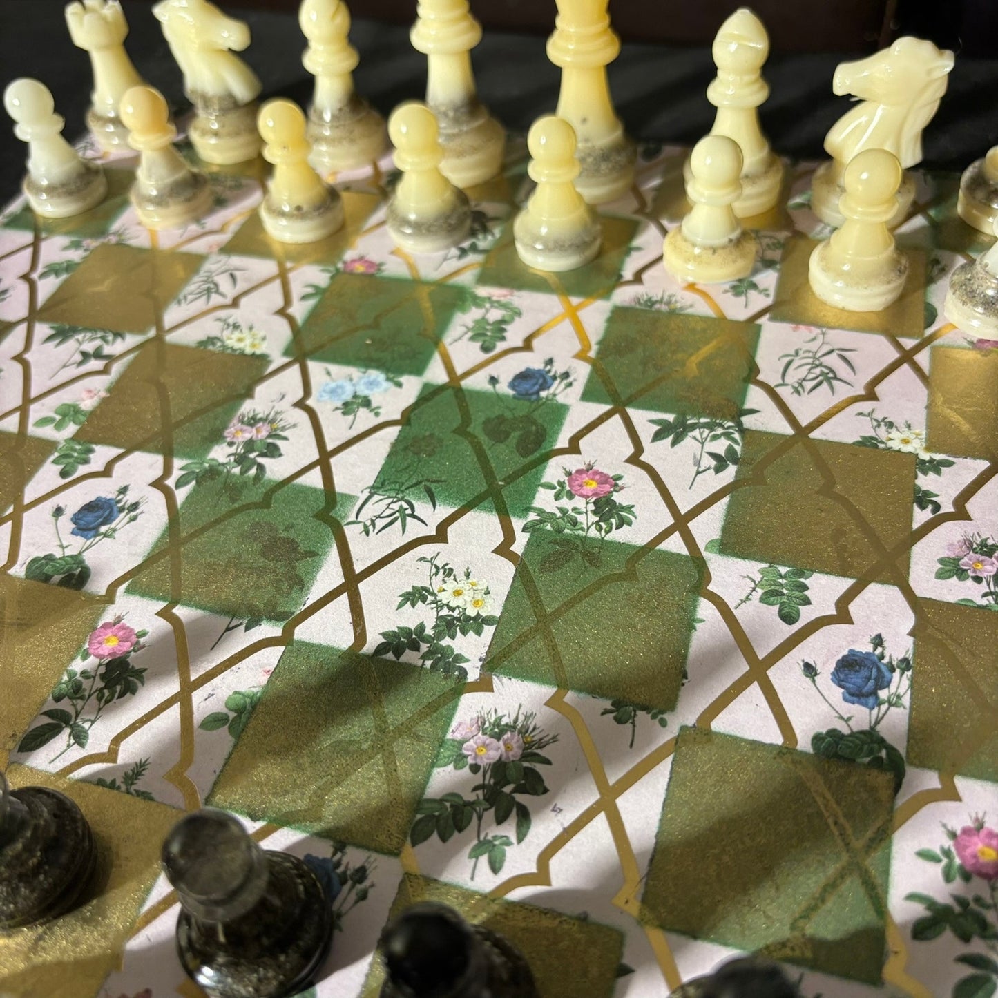 Golden Green Flowers - Scrapbook Chess Set