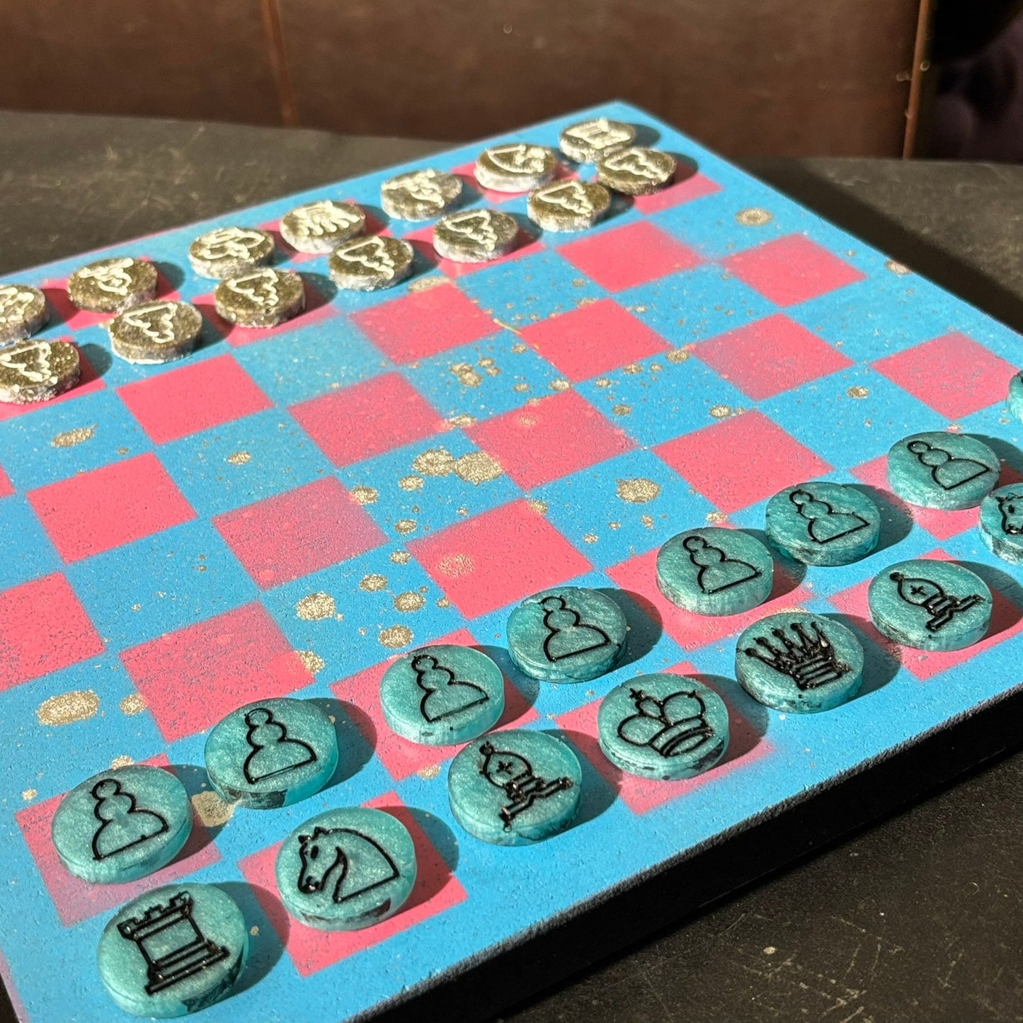 Blue & Pink - Painted Chess Set