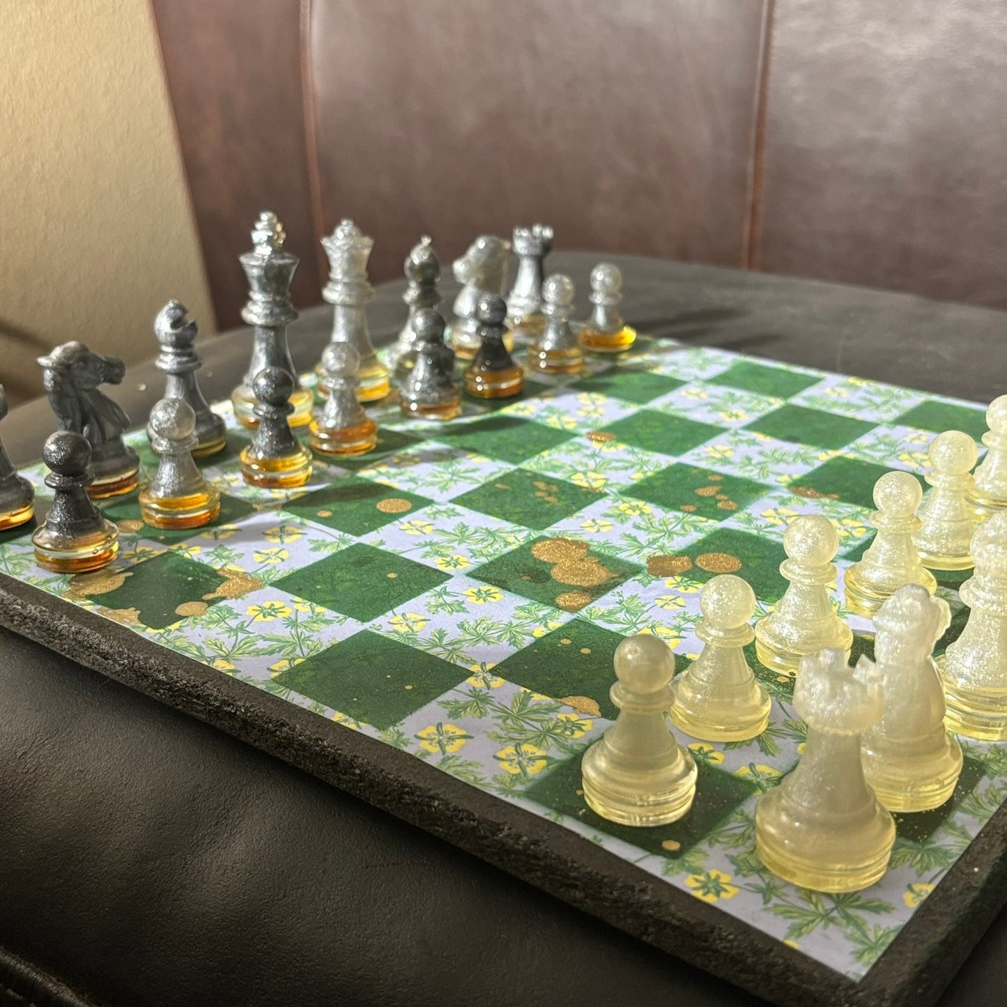 Gold Splattered Green Pattern - Scrapbook Chess Set