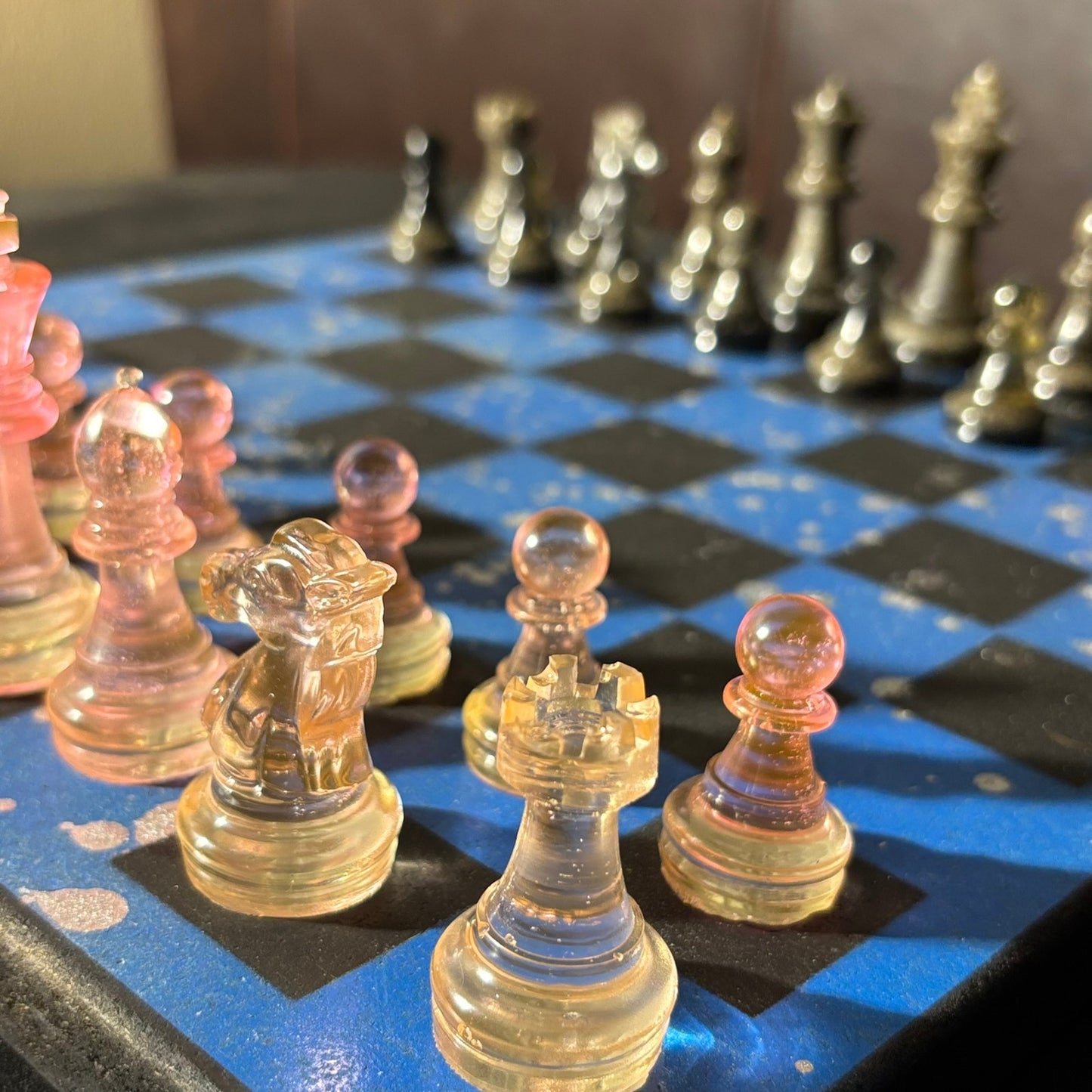 Blue Chrome Black - Painted Chess Set