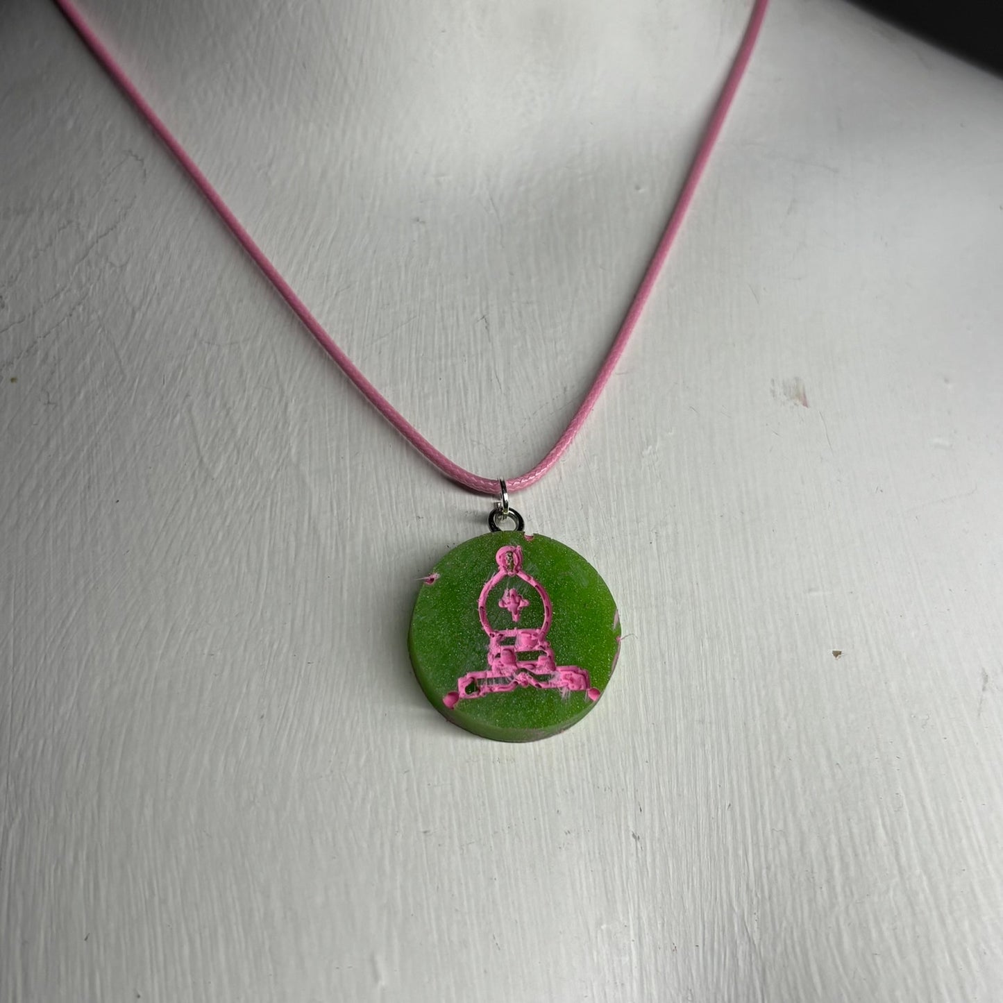 Green & Pink Bishop - Handmade Resin Chess Necklace