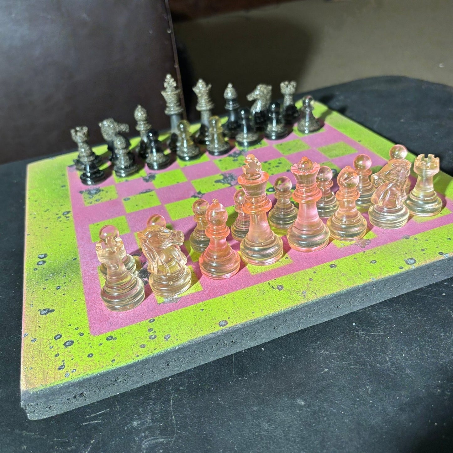 Classy Pink Neon Green- Painted Chess Set