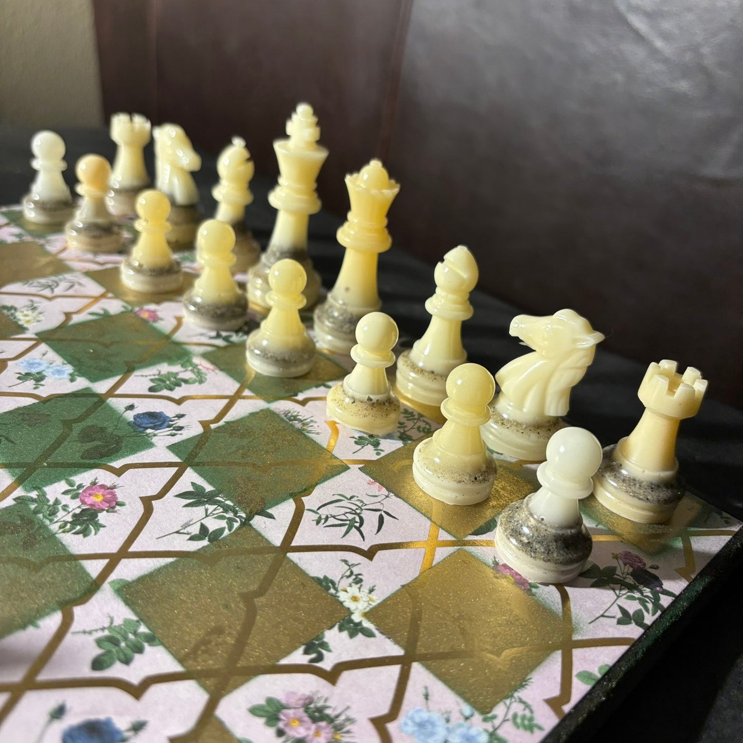 Golden Green Flowers - Scrapbook Chess Set