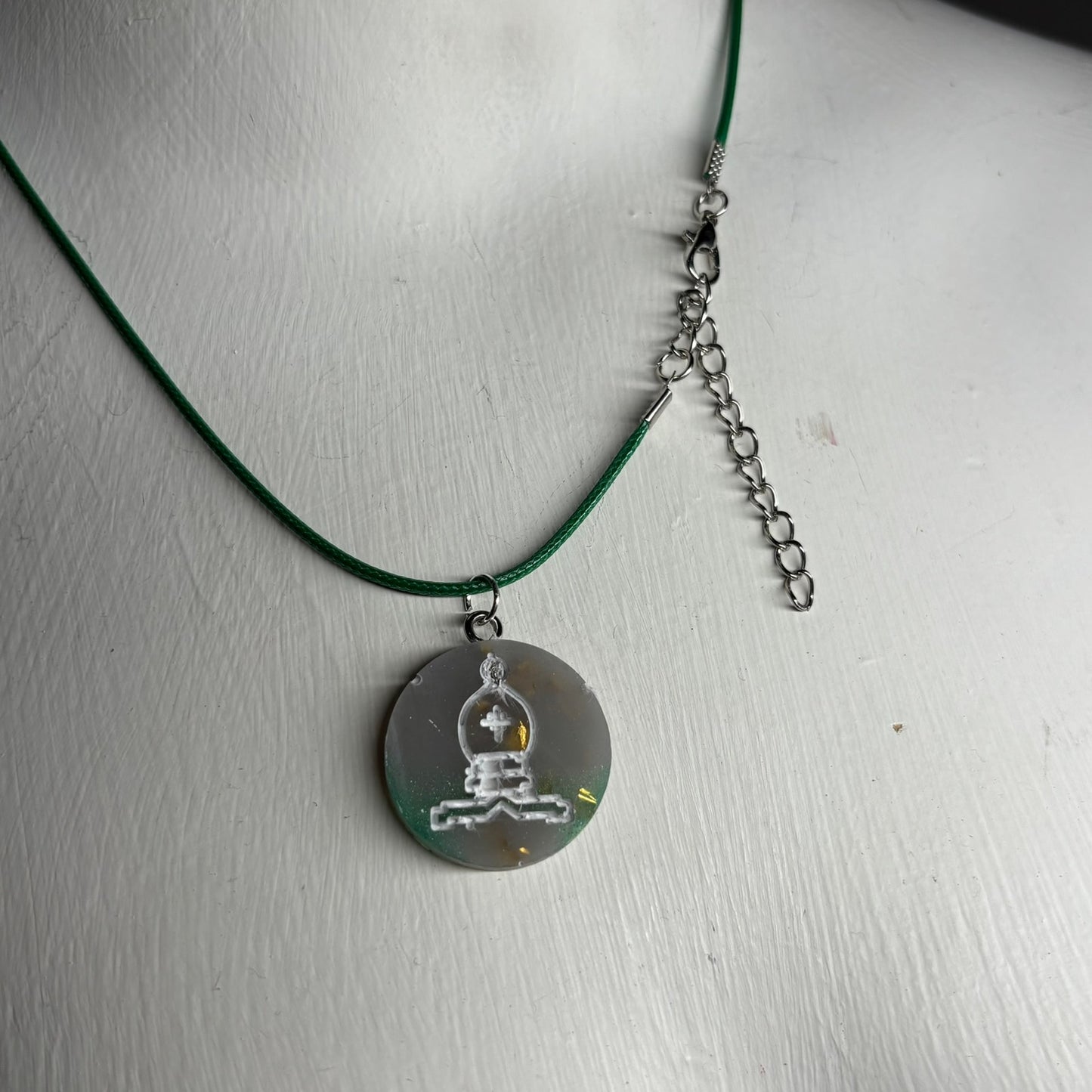 Green Silver Bishop - Handmade Resin Chess Necklace