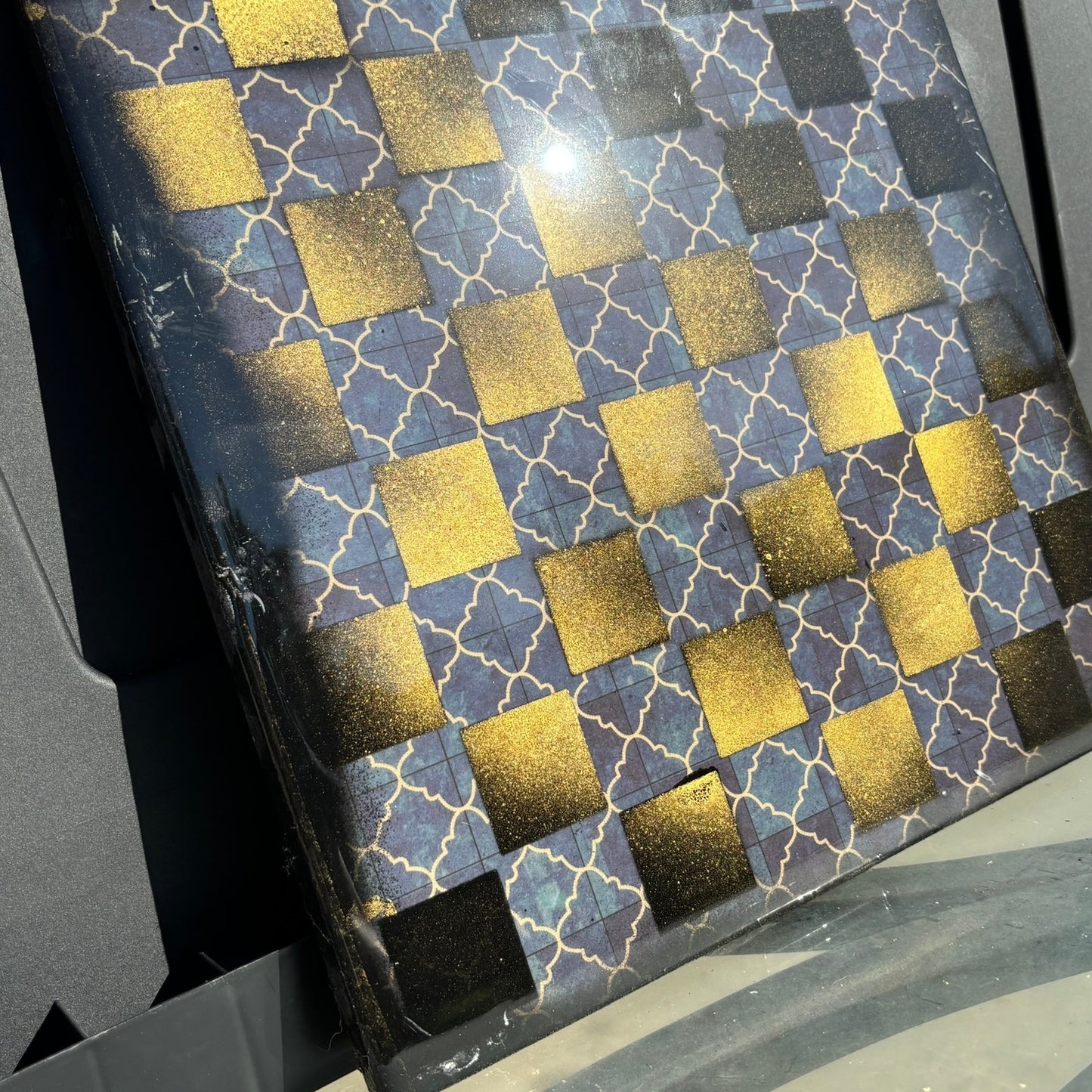 Blue Stem Patterned Gold Splash - Resin Coated Chess Board