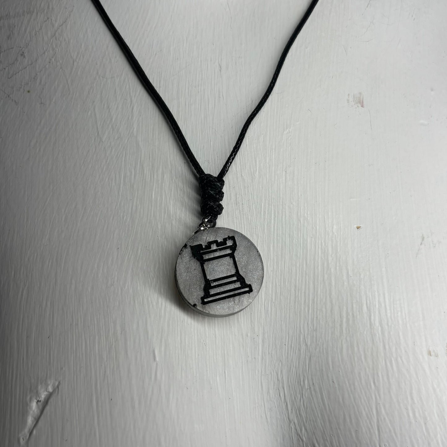Gray Silver Rook - Handmade Resin Chess Necklace