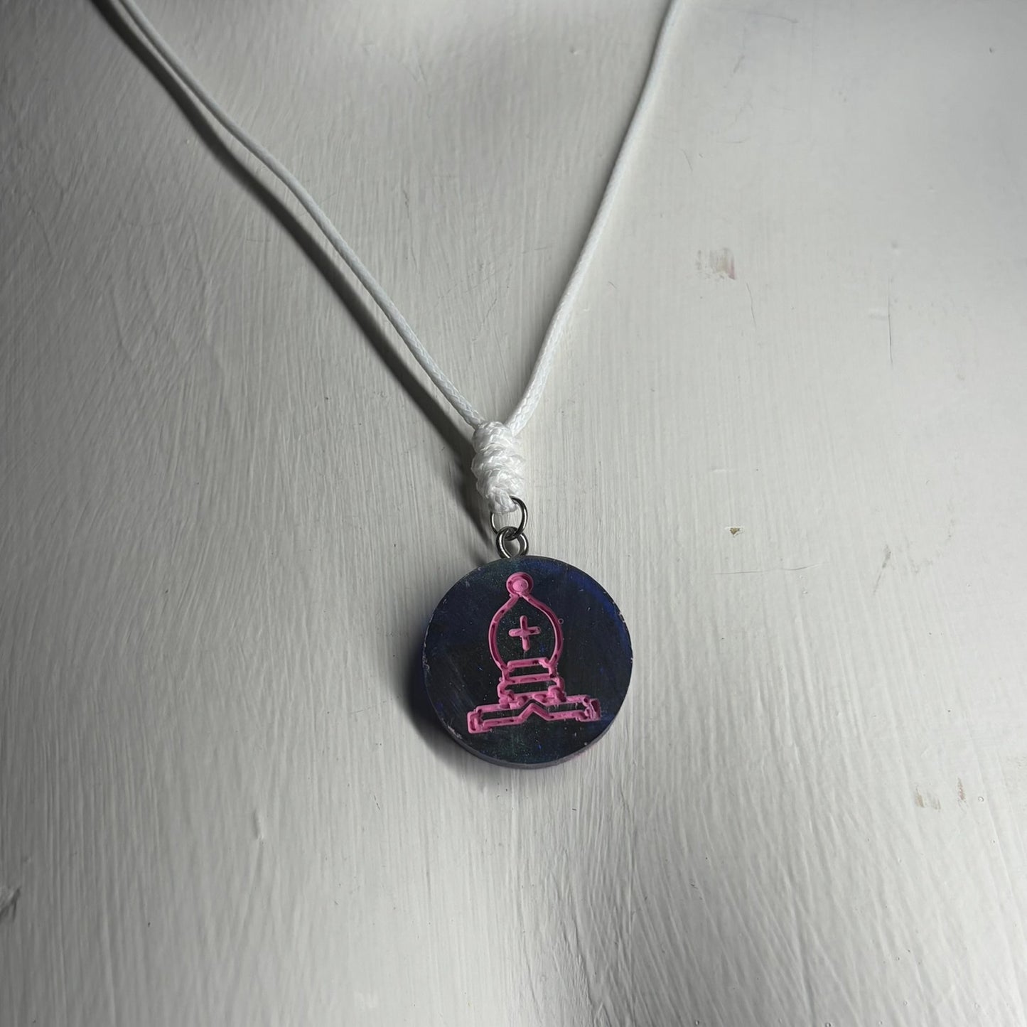 Navy Blue Pink Bishop - Handmade Resin Chess Necklace