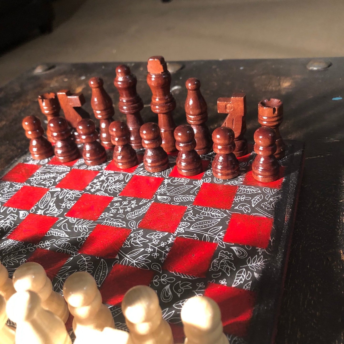 Scrapbook Chess Set - Red & Black Vintage Flower