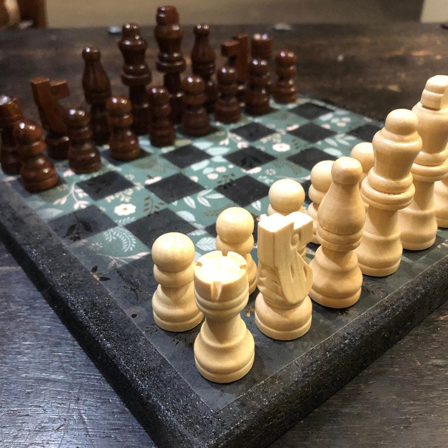 Scrapbook Chess Set - Gold Foil Green