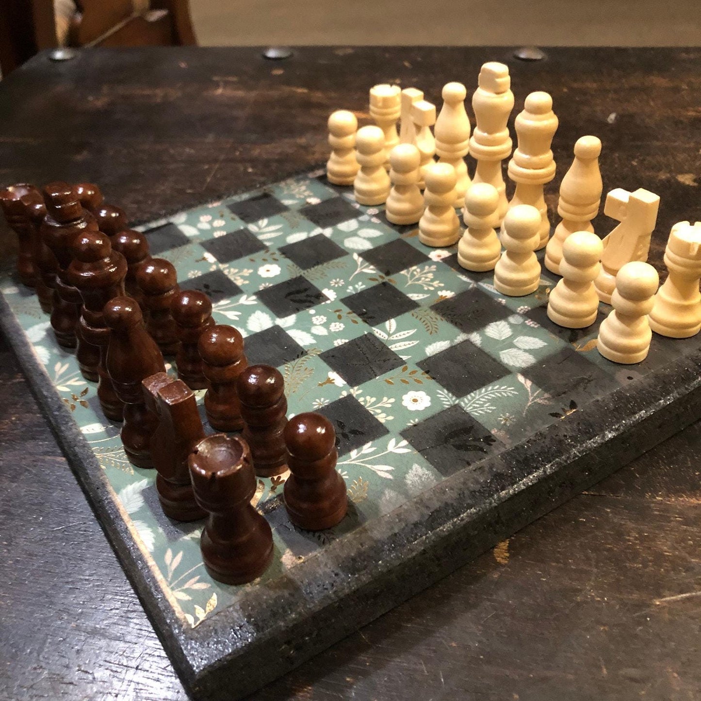 Scrapbook Chess Set - Gold Foil Green