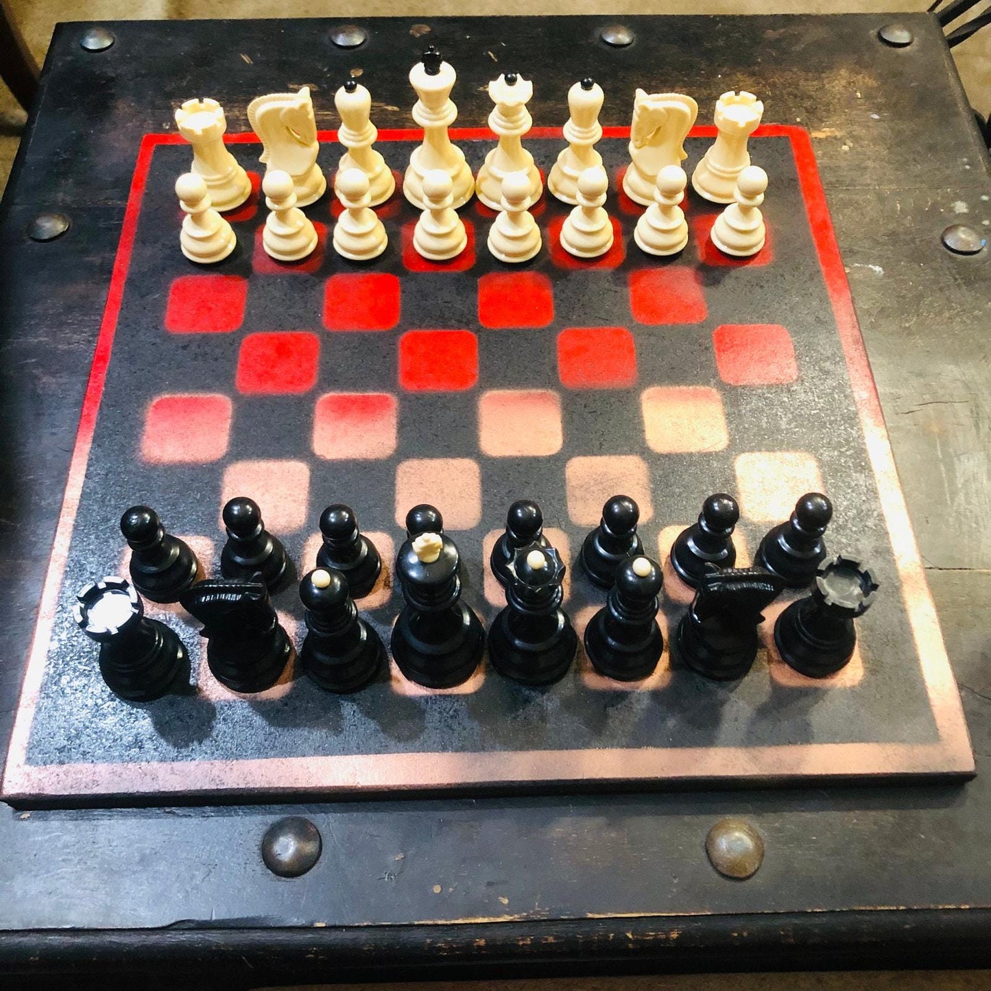Large Chess Set - Black, Red & Bronze