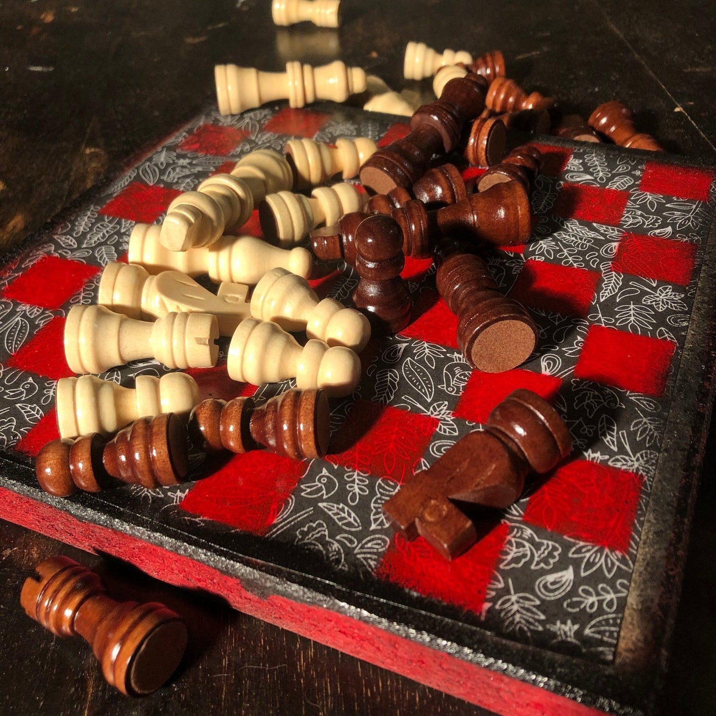Scrapbook Chess Set - Red & Black Vintage Flower