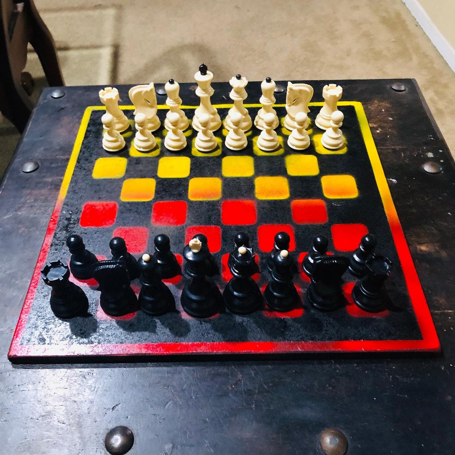 Large Painted Chess Set - Red Black & Yellow