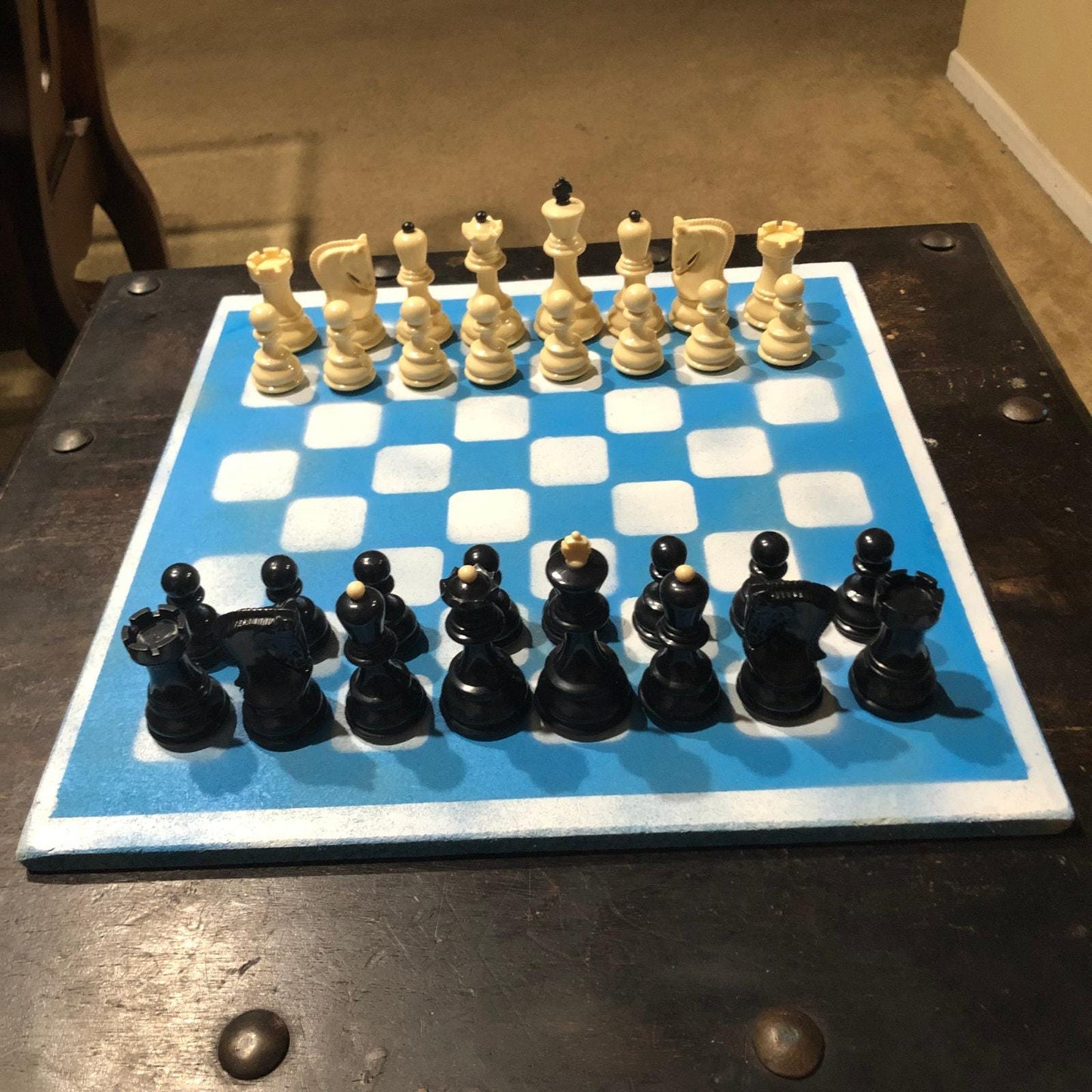 Large Painted Chess Set - White & Blue