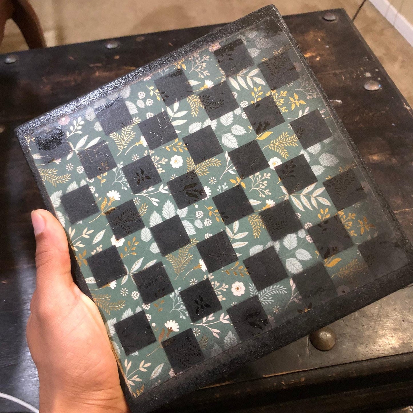 Scrapbook Chess Set - Gold Foil Green