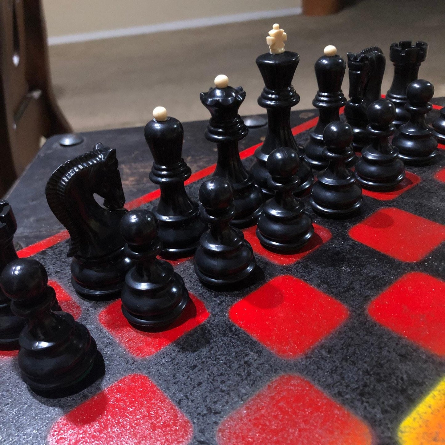 Large Painted Chess Set - Red Black & Yellow