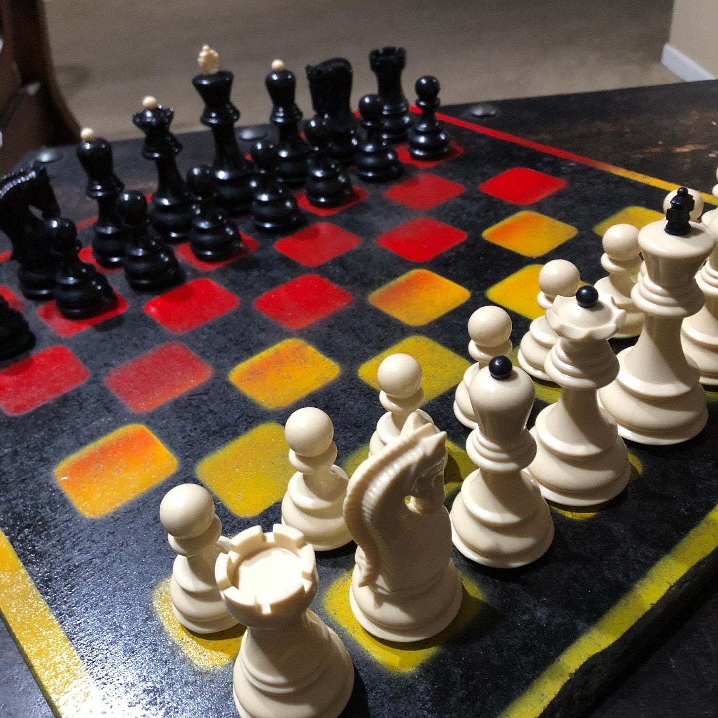 Large Painted Chess Set - Red Black & Yellow