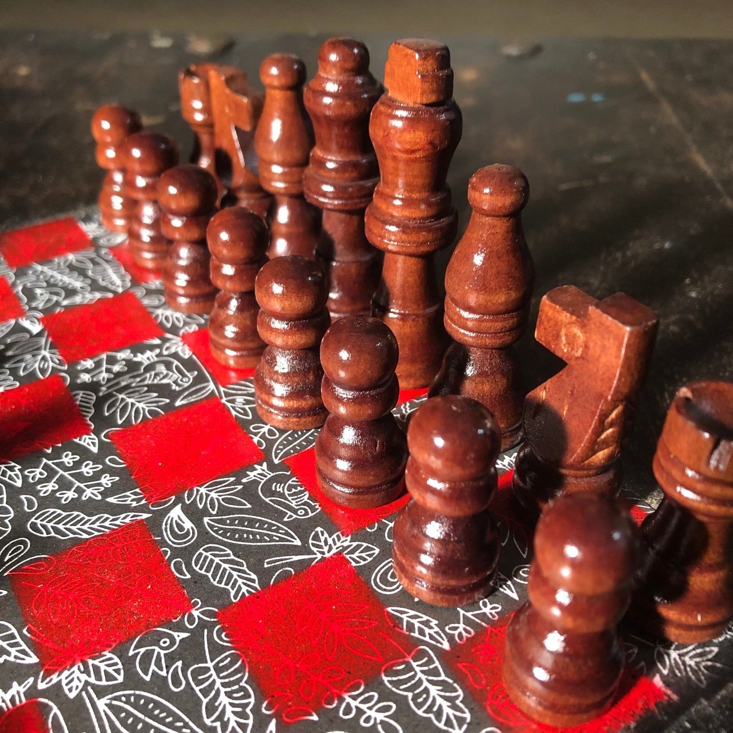 Scrapbook Chess Set - Red & Black Vintage Flower