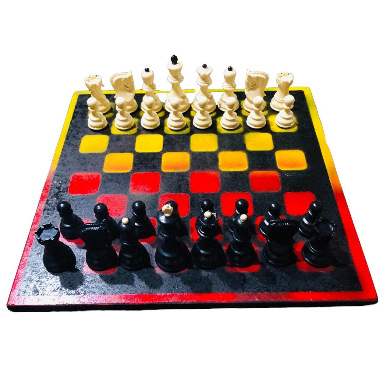 Large Painted Chess Set - Red Black & Yellow