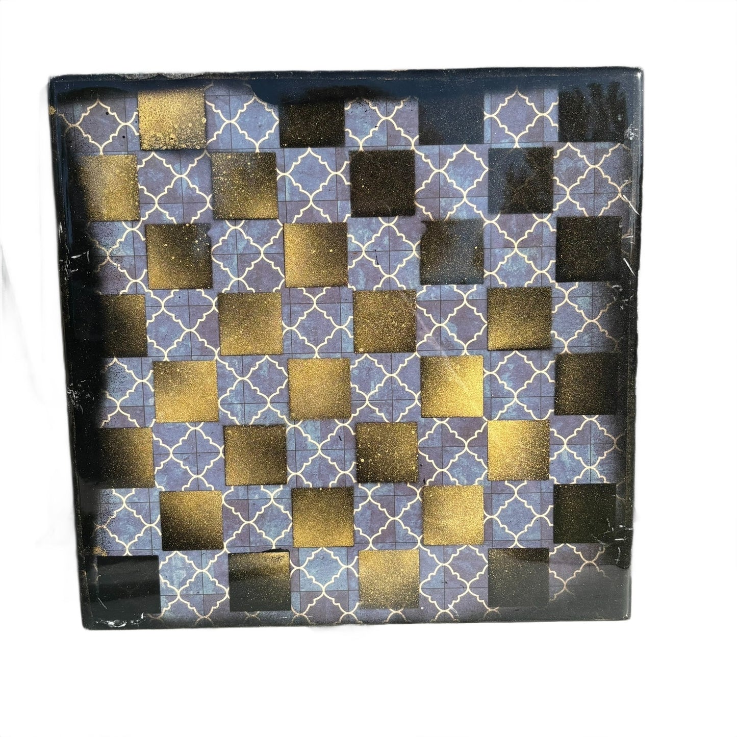 Blue Stem Patterned Gold Splash - Resin Coated Chess Board