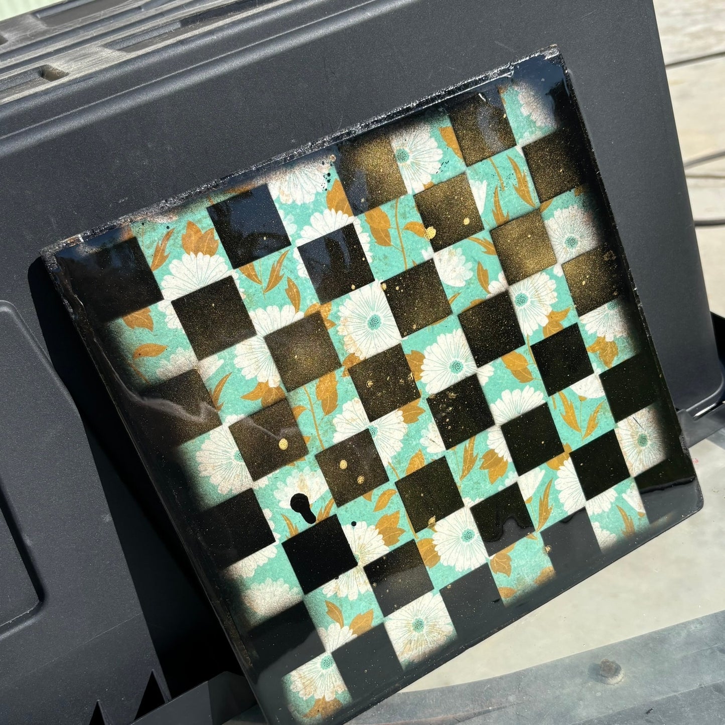 Green Flowers - Resin Coated Chess Board