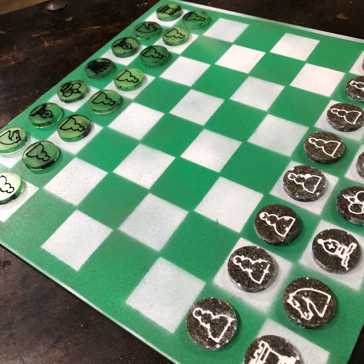 Green & White - Painted Chess Set