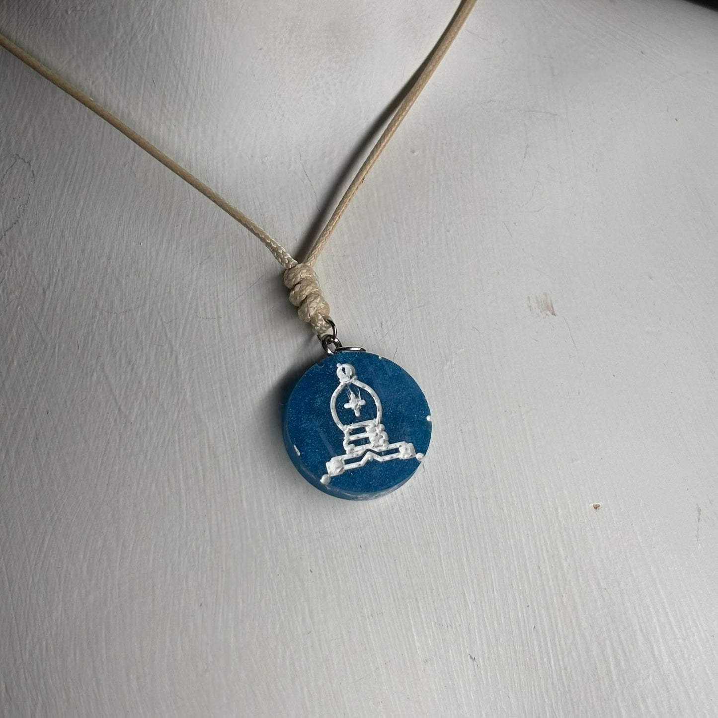 Cream Blue Bishop - Handmade Resin Chess Necklace