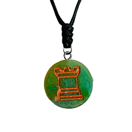 Green & Orange Rook - Handmade Resin Chess Necklace
