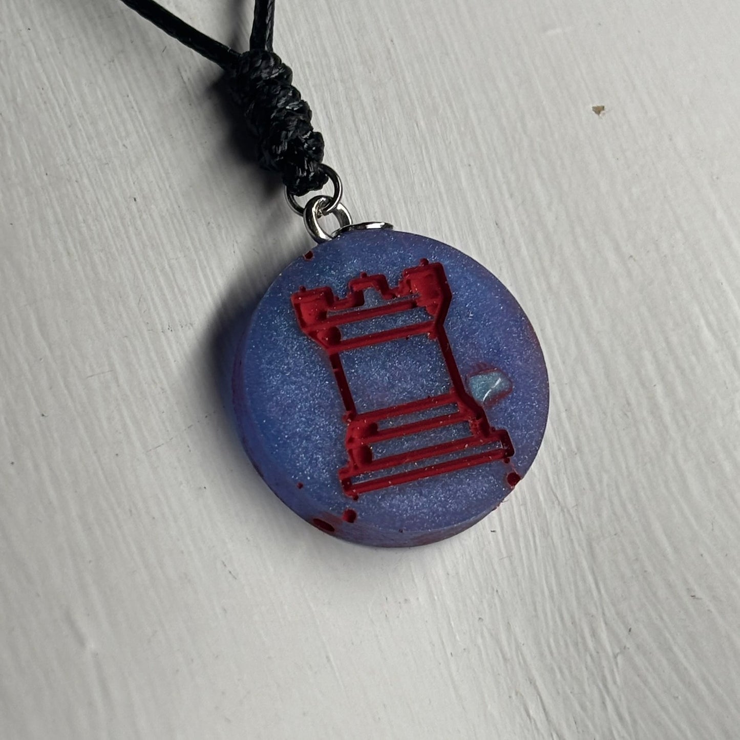 Blue & Red Rook - Handmade Resin Chess Necklace