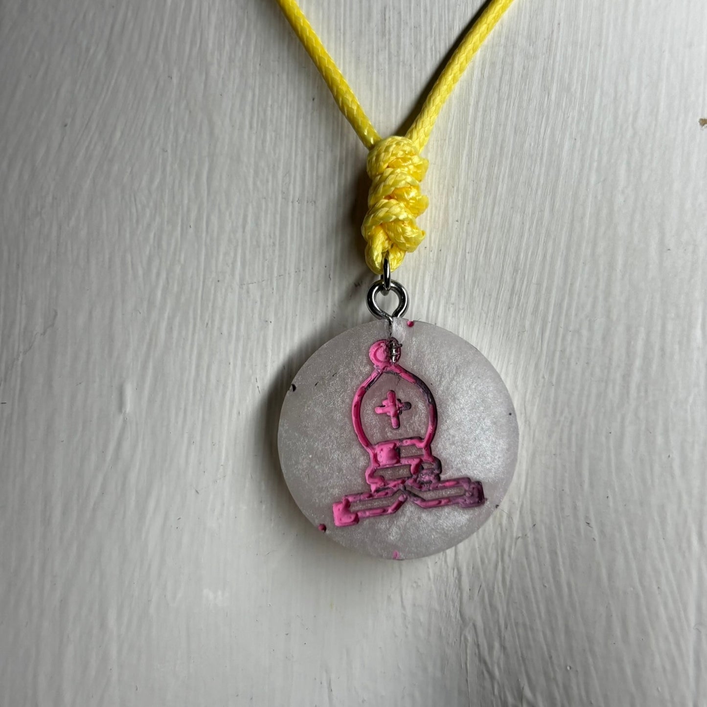 Cream White Bishop Pink Print - Handmade Resin Chess Necklace