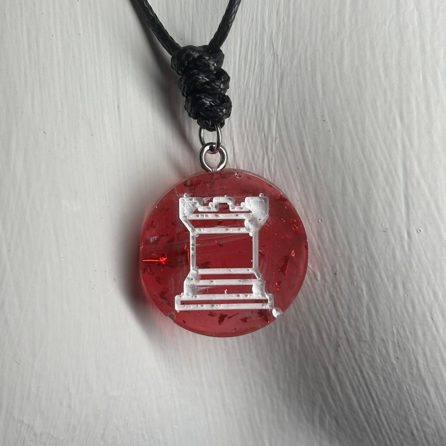 Red Crystal Rook - Handmade Resin Chess Necklace