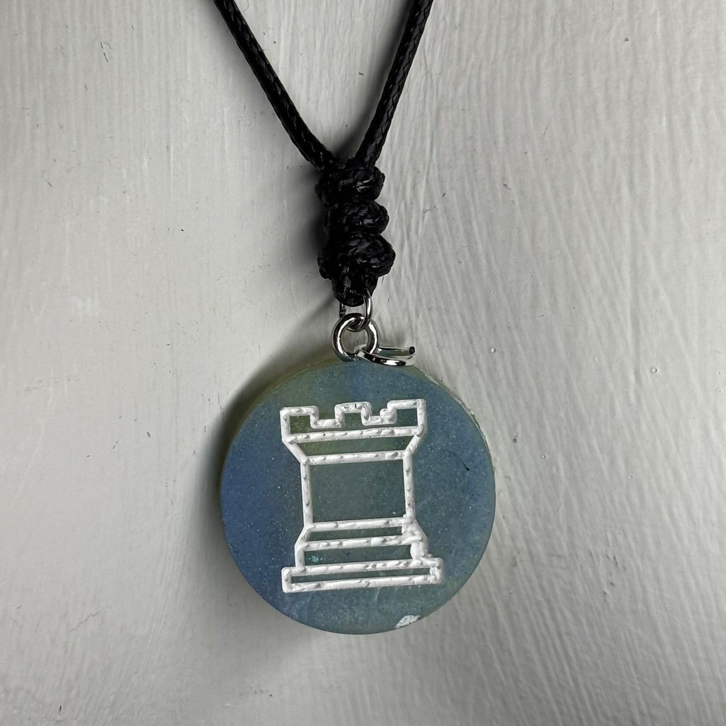 Vintage Blue Rook - Handmade Resin Chess Necklace